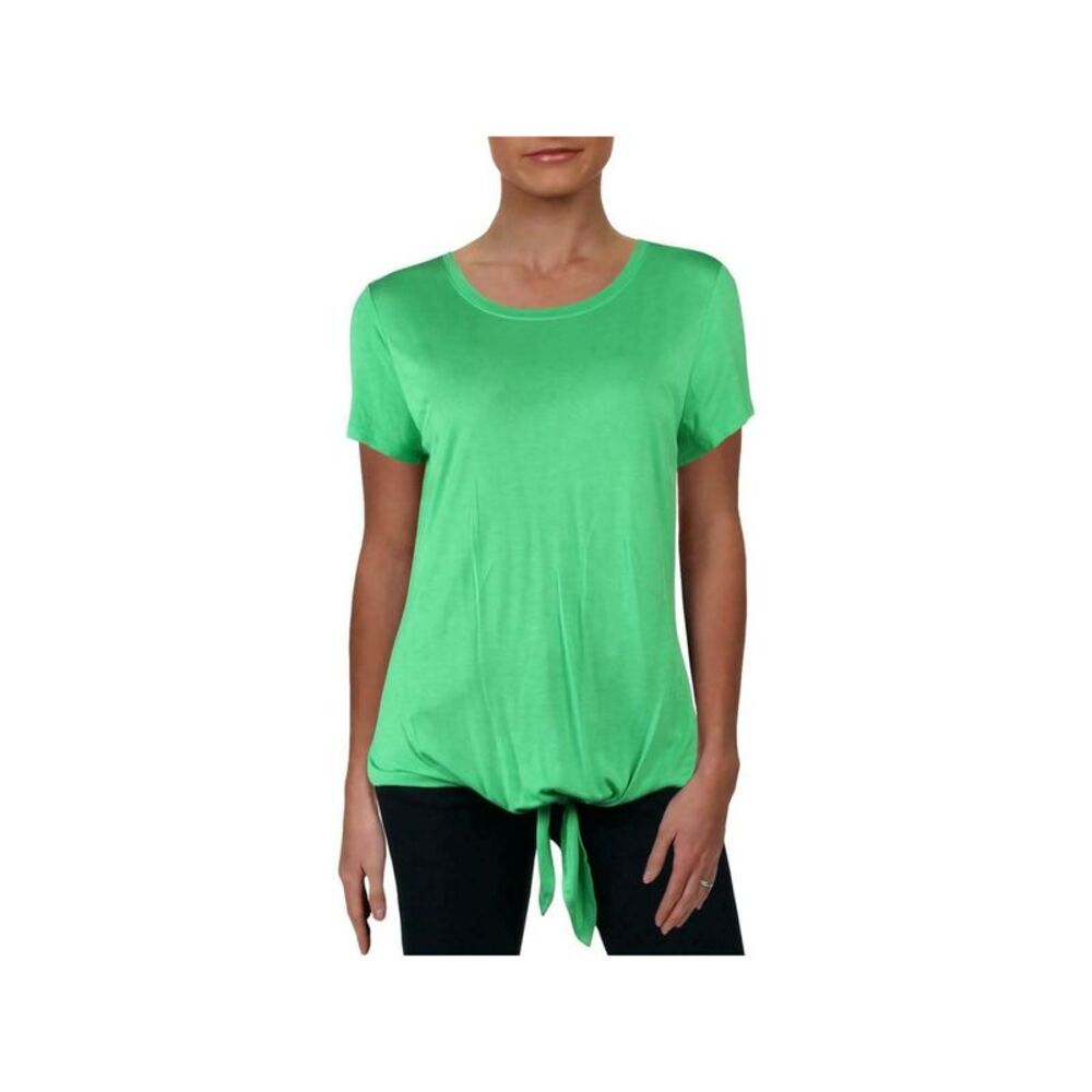 INC Womens Green Tie Short Sleeve Jewel Neck Top Size: S